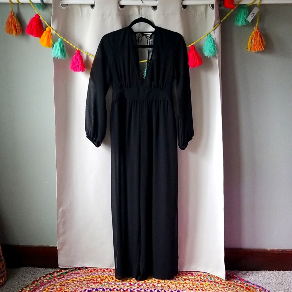 Brand New Sheer Black Jump Suit Wide Leg w/ Slit 1/4 up from Bottom